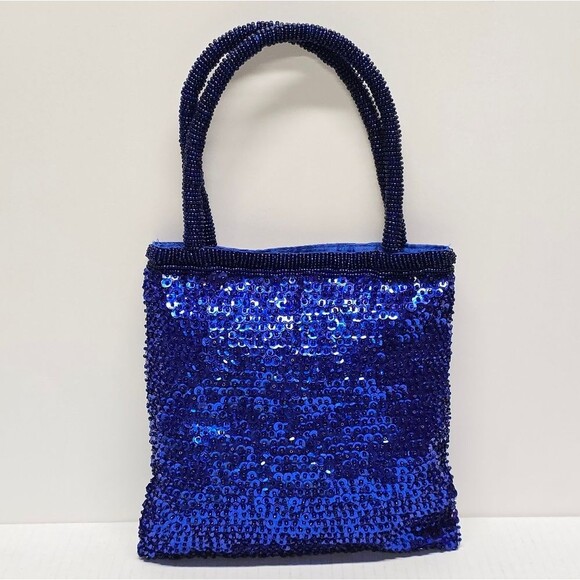 Vintage Cobalt Blue Beaded Sequined Evening Purse Top Handle Bag Handcrafted - Picture 1 of 8